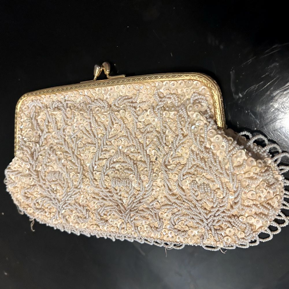 Handmade Beautiful, Beaded Beige and Brown  with Gold Accent Clutch. HONGKONG